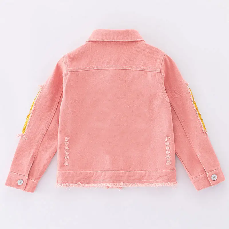 Girls Pink Frayed Denim Jacket with Yellow Embroidery