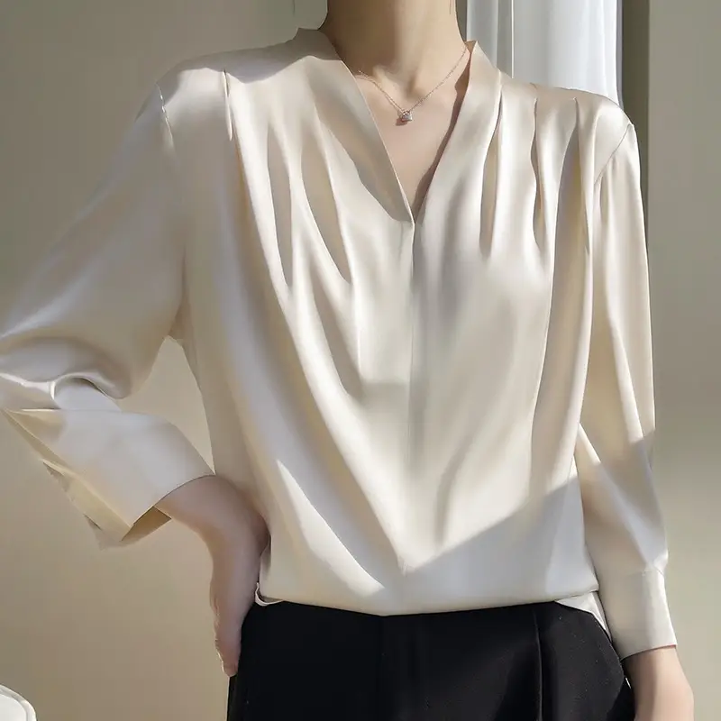Women's Green Silk Satin V Neck Top 2023 - Image 6