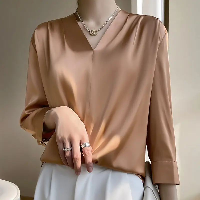 Women's Green Silk Satin V Neck Top 2023 - Image 7