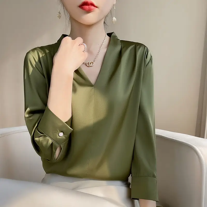 Women's Green Silk Satin V Neck Top 2023 - Image 8