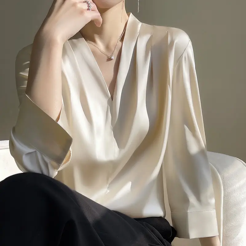 Women's Green Silk Satin V Neck Top 2023 - Image 9