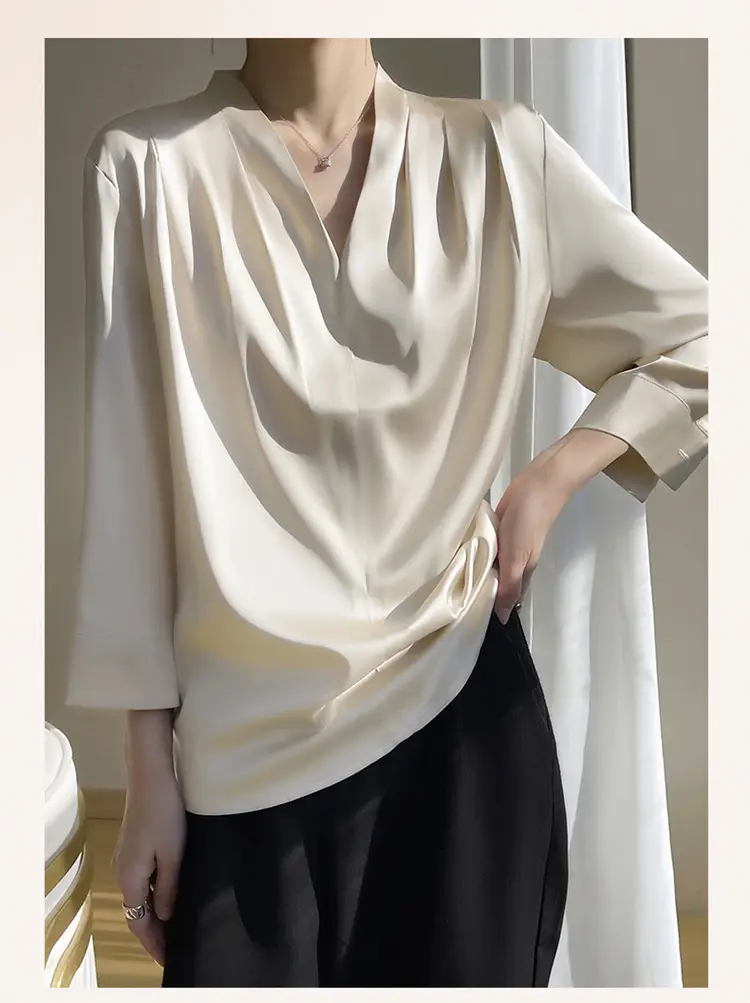 Women's Green Silk Satin V Neck Top 2023 — feature 12