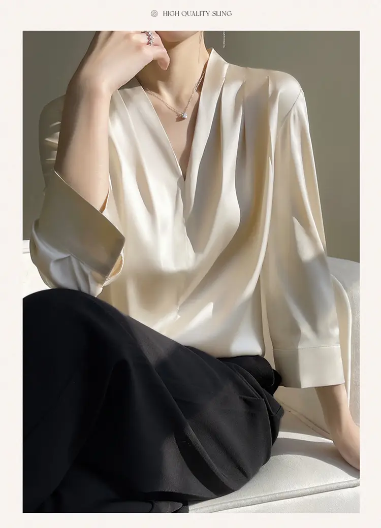 Women's Green Silk Satin V Neck Top 2023 — feature 13