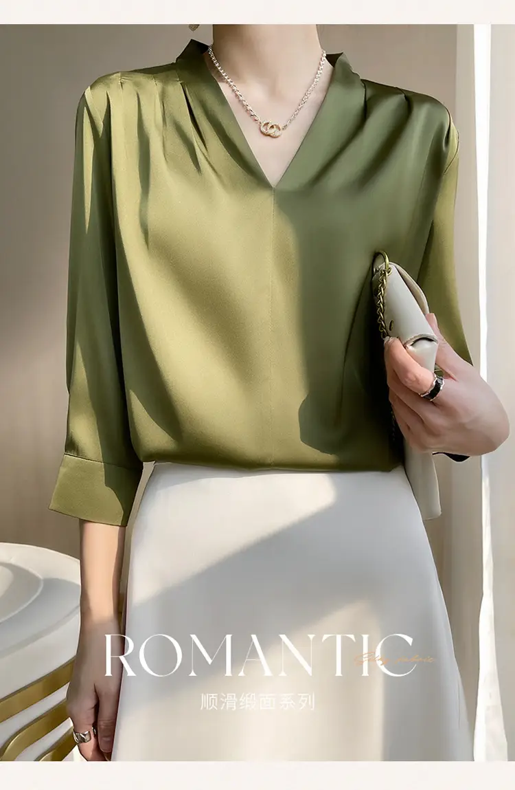 Women's Green Silk Satin V Neck Top 2023 — feature 17