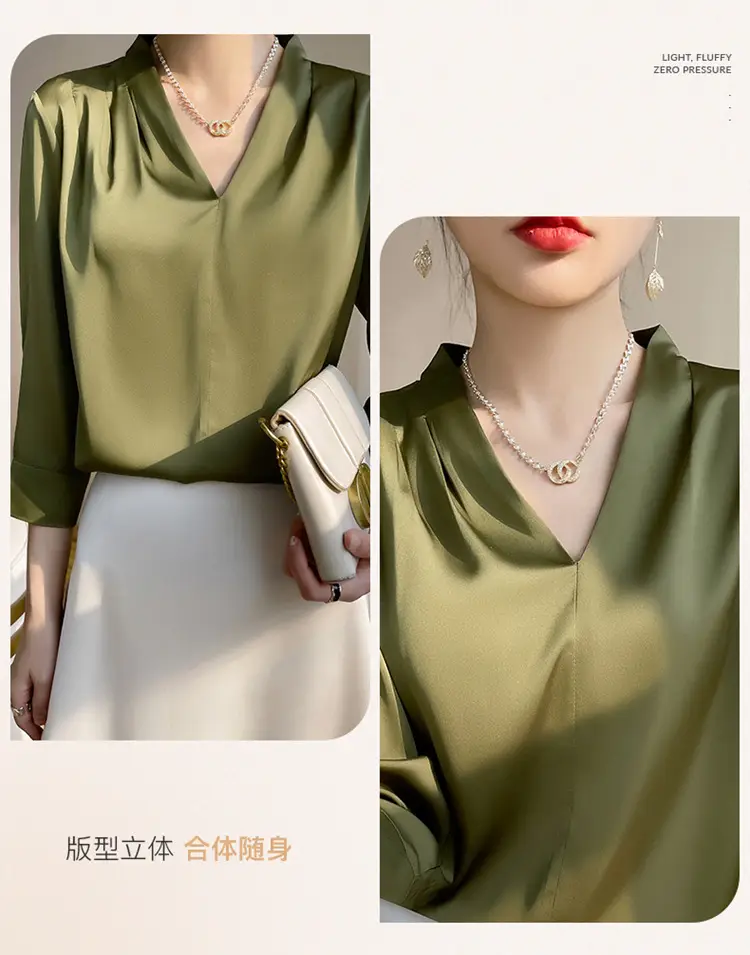 Women's Green Silk Satin V Neck Top 2023 — feature 18
