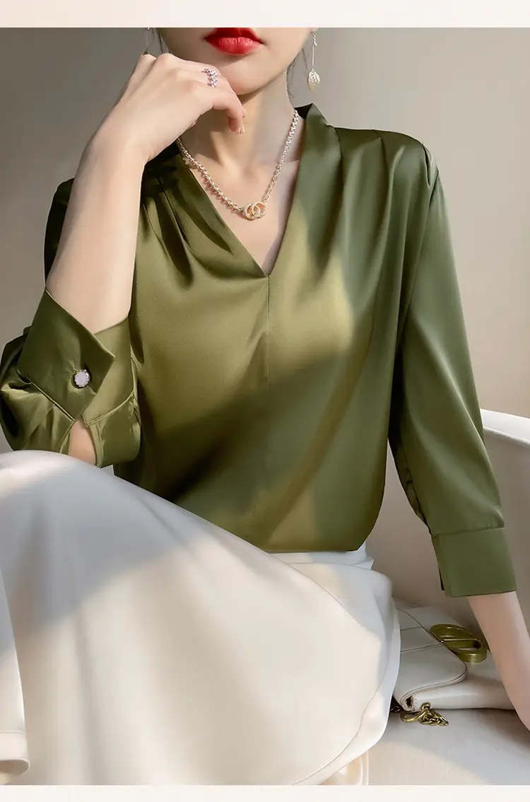 Women's Green Silk Satin V Neck Top 2023 — feature 19