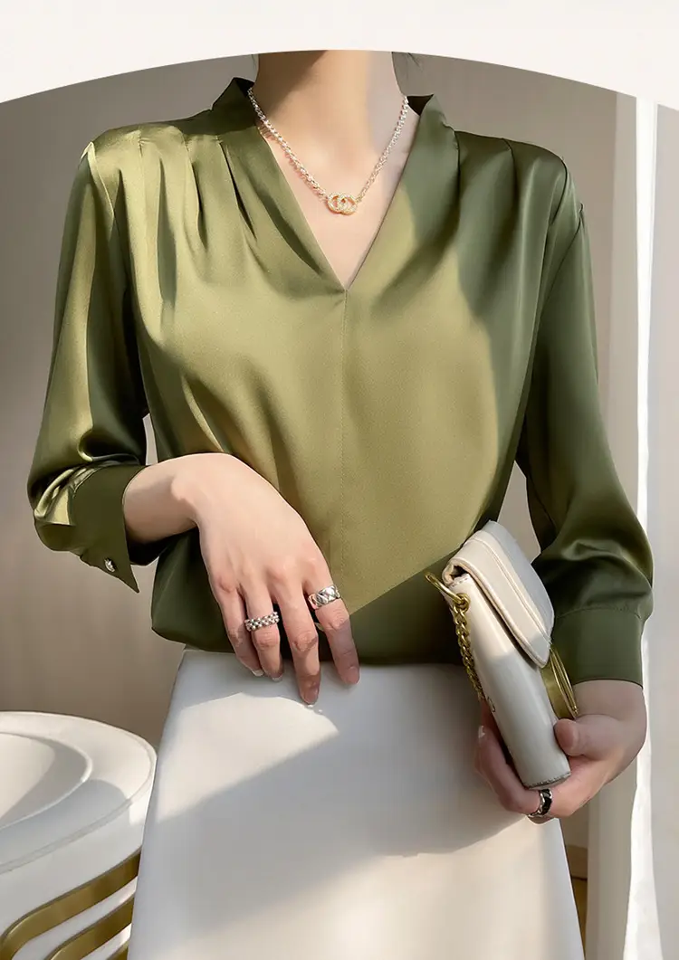 Women's Green Silk Satin V Neck Top 2023 — feature 4