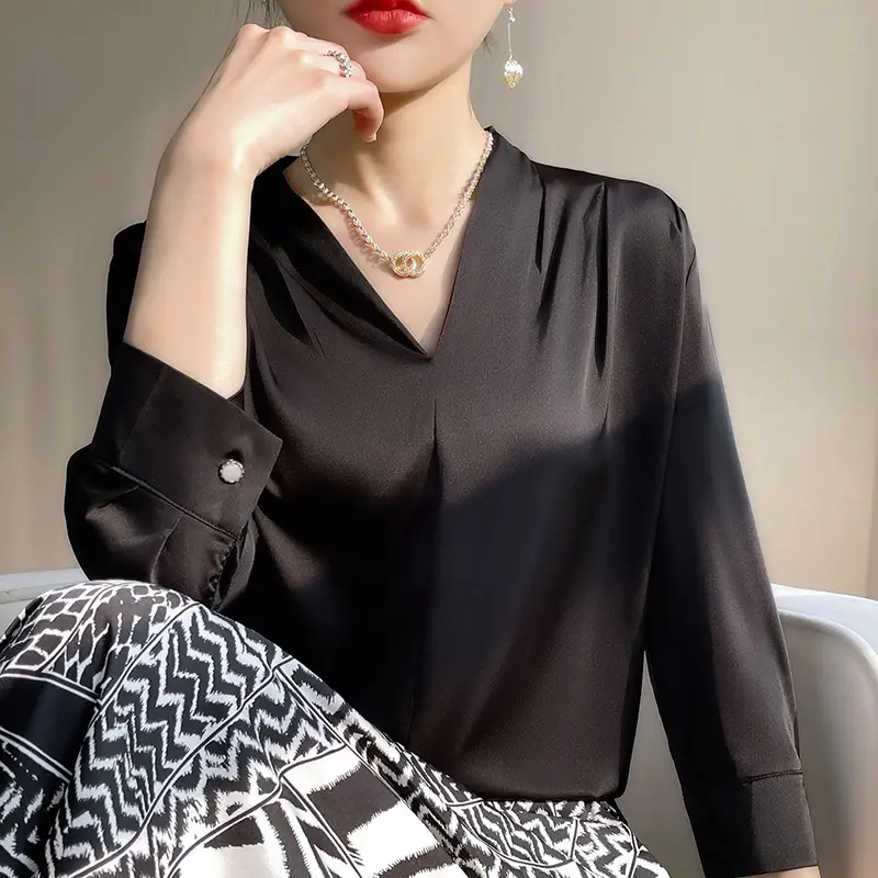 Women's Green Silk Satin V Neck Top 2023 - Image 2