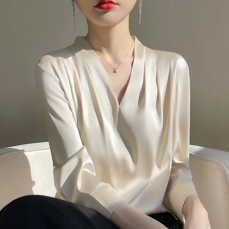 Women's Green Silk Satin V Neck Top 2023 - Image 3