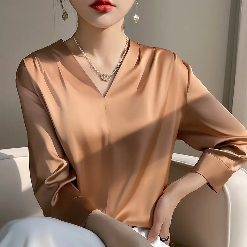 Women's Green Silk Satin V Neck Top 2023 - Image 4