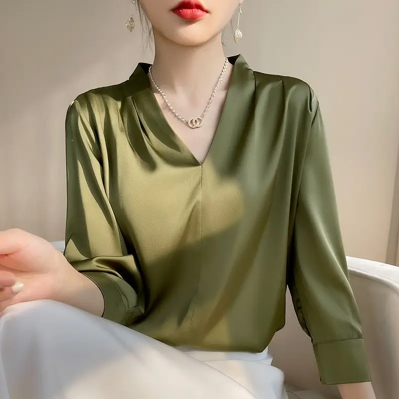 Women's Green Silk Satin V Neck Top 2023 - Image 5