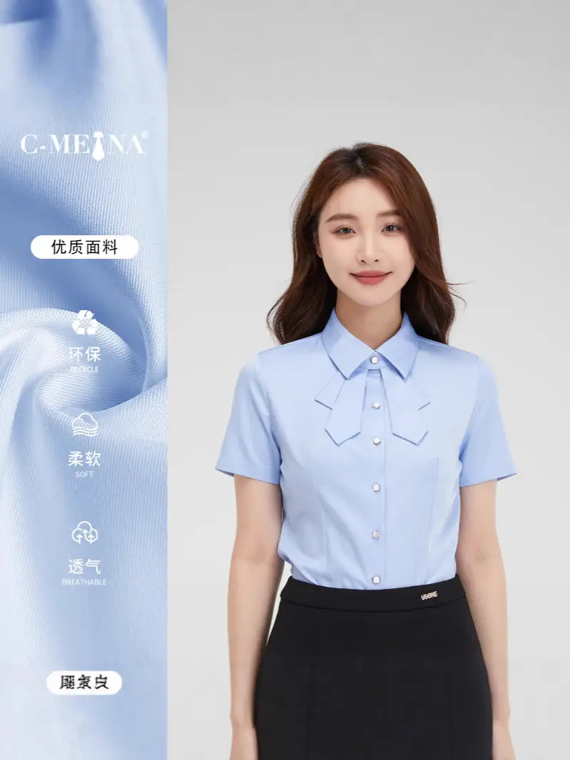 Women Short Sleeve Shirt Light Blue Summer Wear - Image 4
