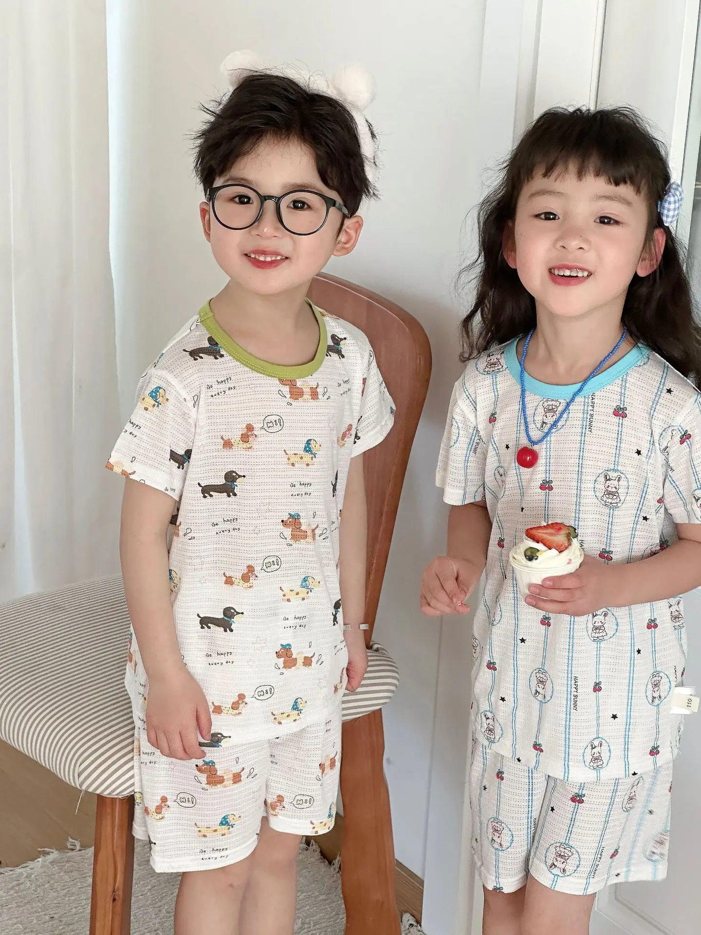 Children's Pajamas Summer Bamboo Fiber Cool Short Sleeve