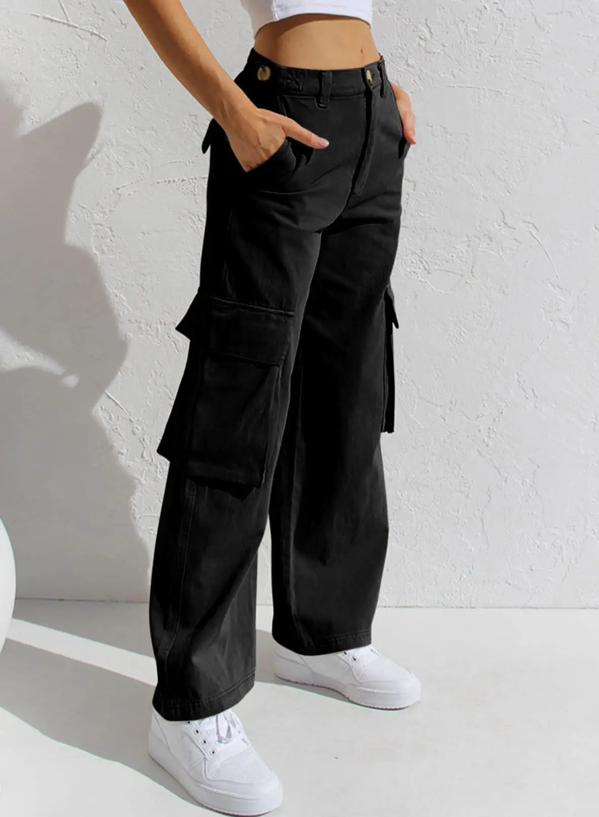 Black Cargo Pants for Women with Multi-Flap Pockets — feature 9