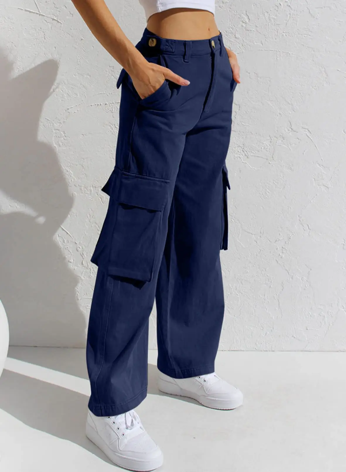 Black Cargo Pants for Women with Multi-Flap Pockets - Image 3