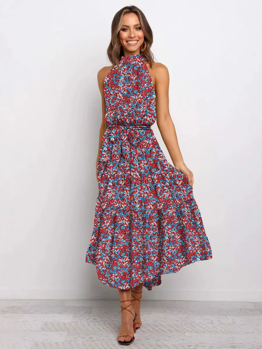 2025 Women's Printed Lace-Up Gown Dress