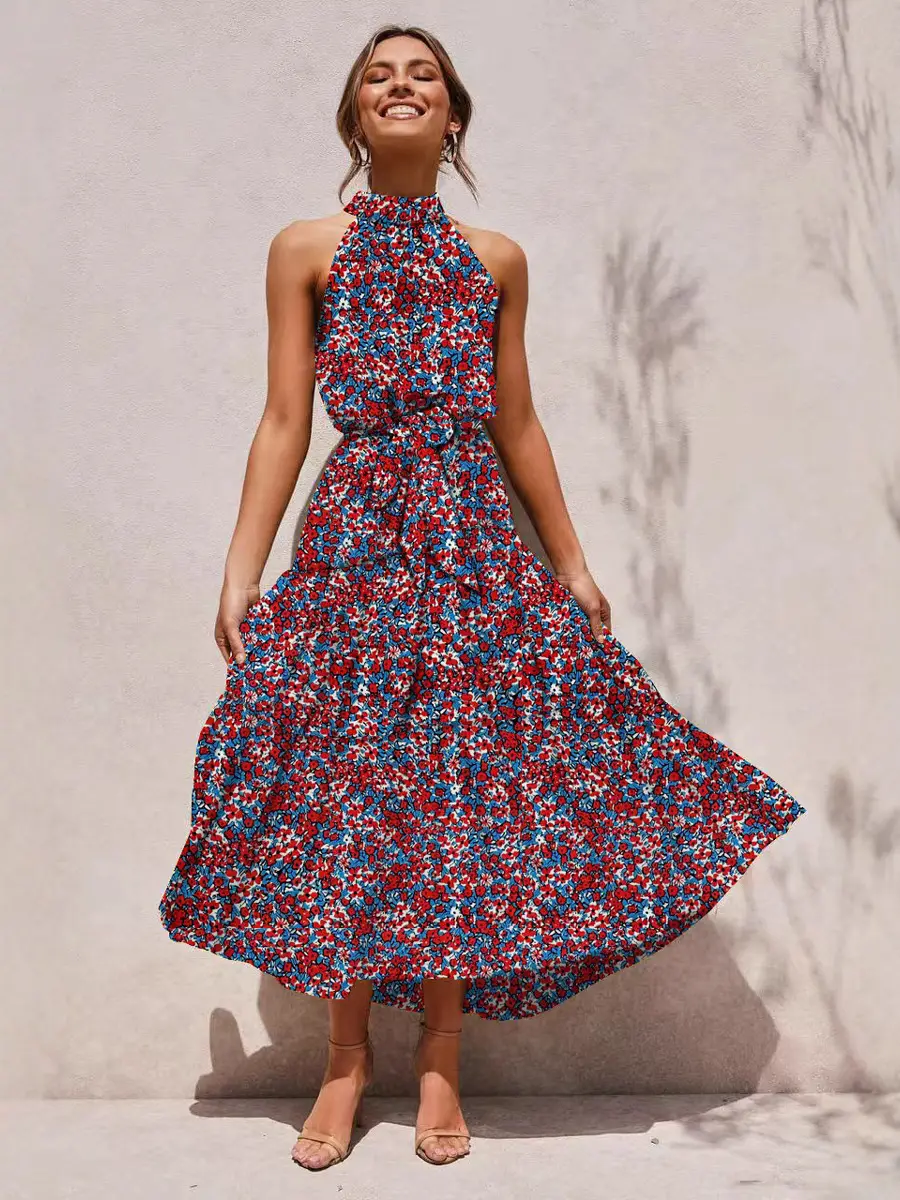 2025 Women's Printed Lace-Up Gown Dress