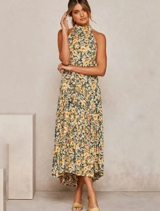 2025 Women's Printed Lace-Up Gown Dress