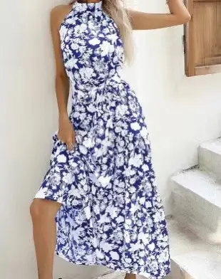 2025 Women's Printed Lace-Up Gown Dress