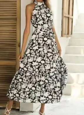 2025 Women's Printed Lace-Up Gown Dress