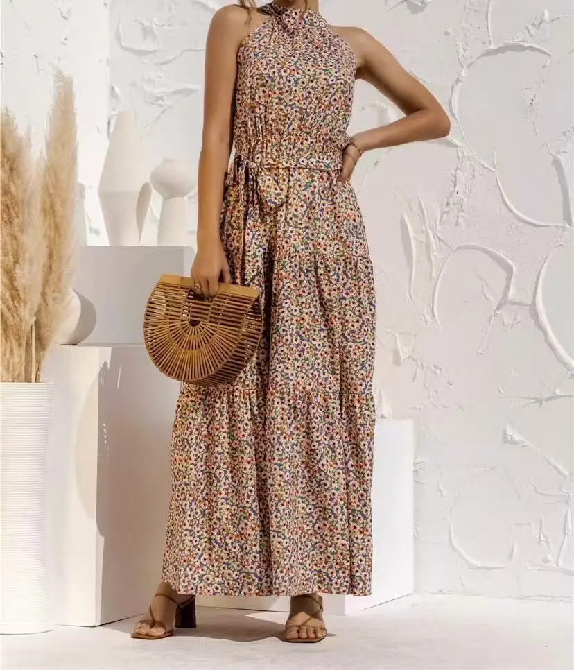 2025 Women's Printed Lace-Up Gown Dress
