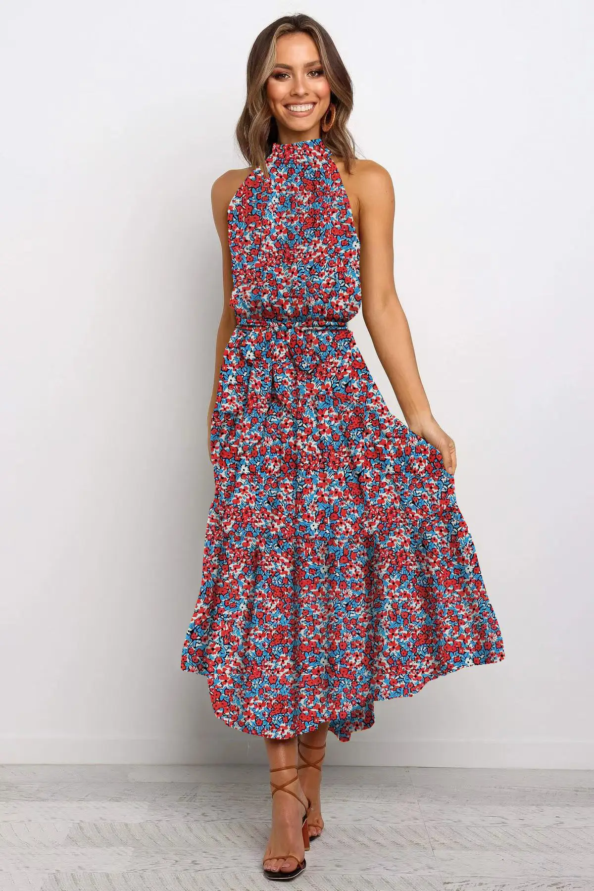 2025 Women's Printed Lace-Up Gown Dress