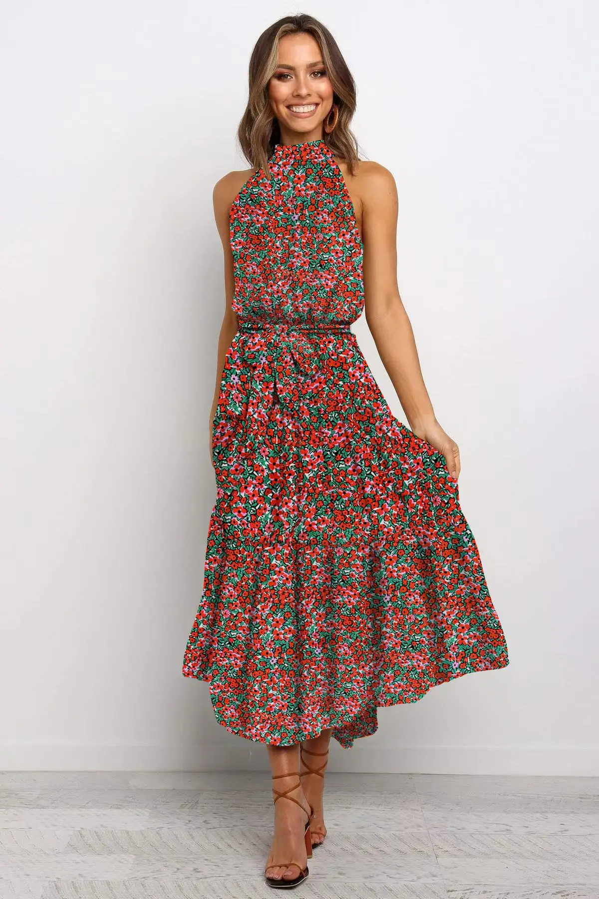 2025 Women's Printed Lace-Up Gown Dress