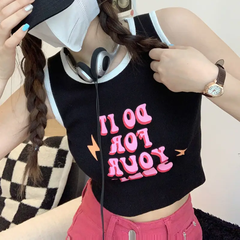 Women's Letter Printed Camisole White Black Summer Top - Image 13