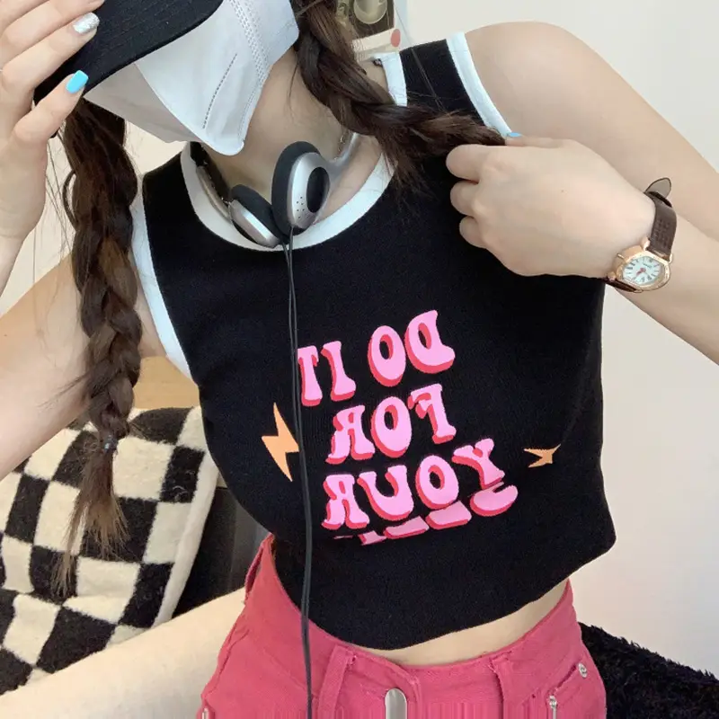 Women's Letter Printed Camisole White Black Summer Top - Image 7