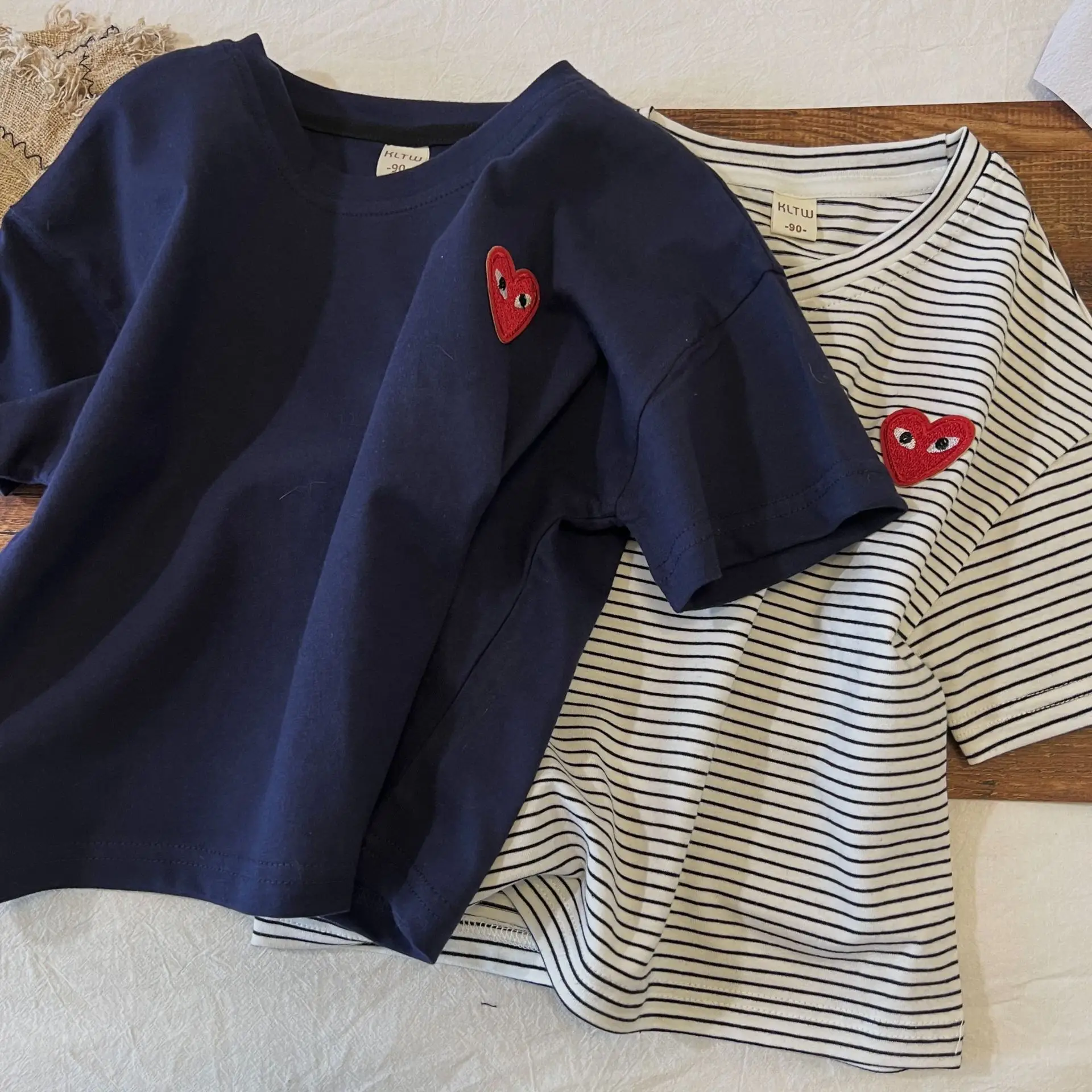 2024 Summer Striped Heart T-Shirt for Boys Girls Navy Blue - Image 6