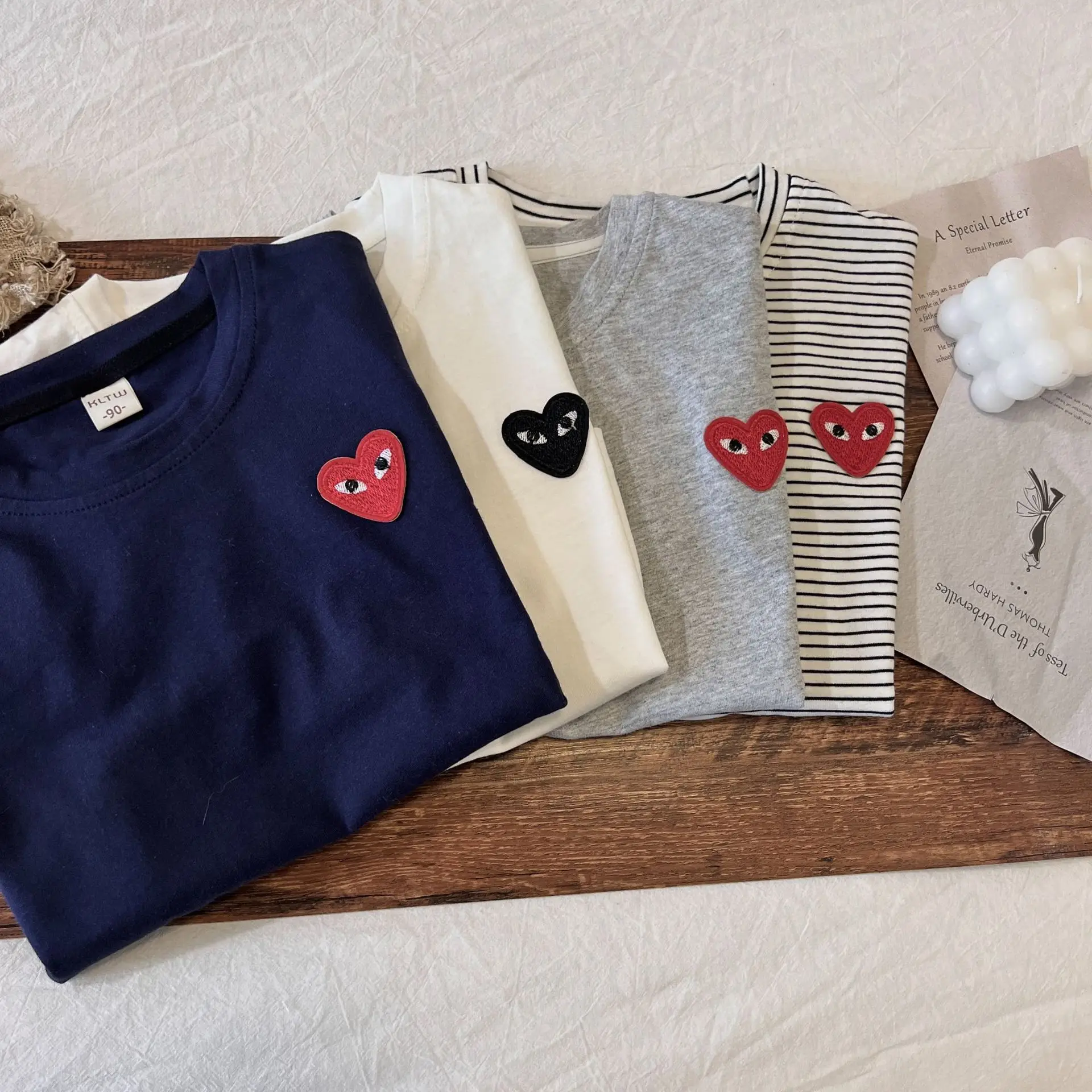 2024 Summer Striped Heart T-Shirt for Boys Girls Navy Blue - Image 7