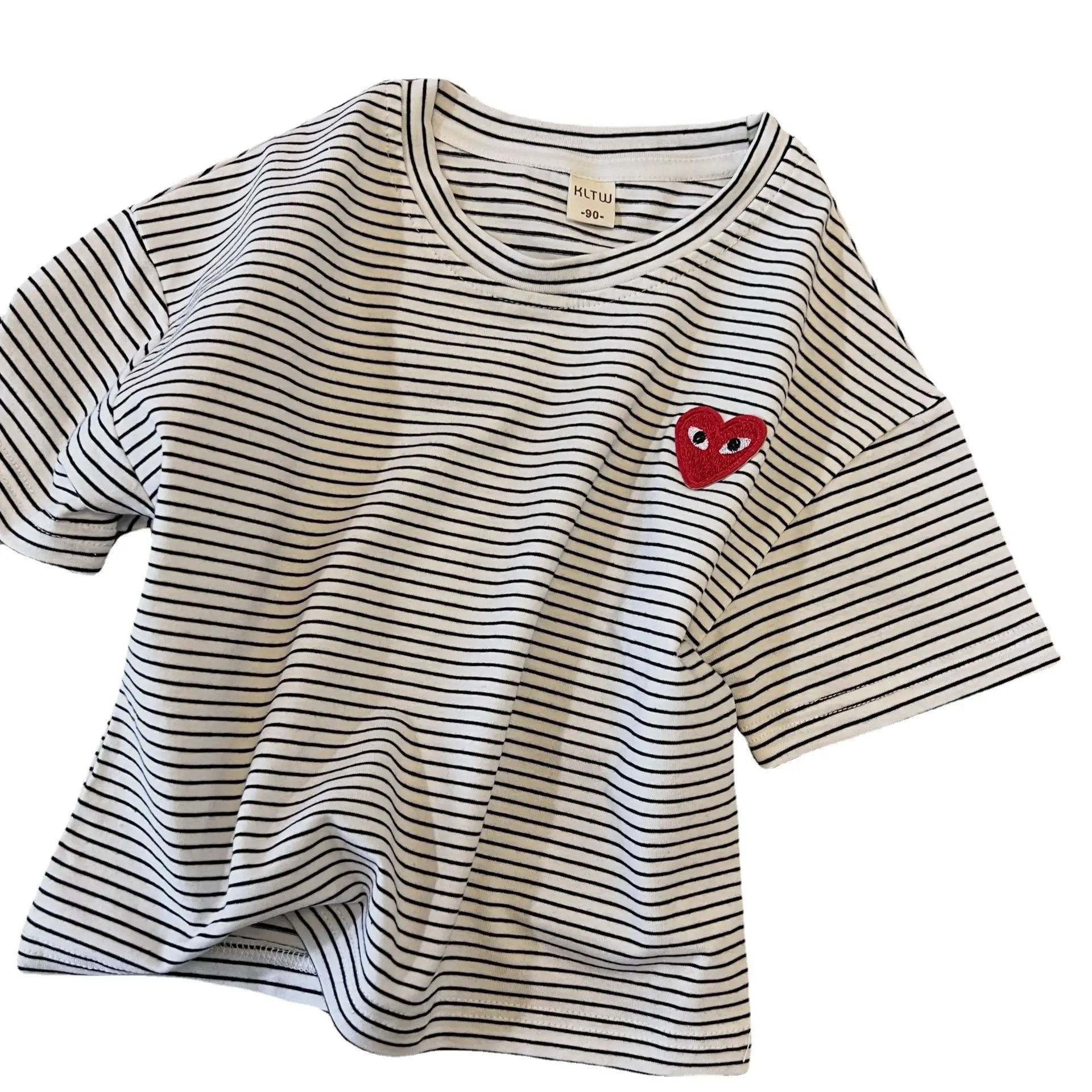 2024 Summer Striped Heart T-Shirt for Boys Girls Navy Blue - Image 8