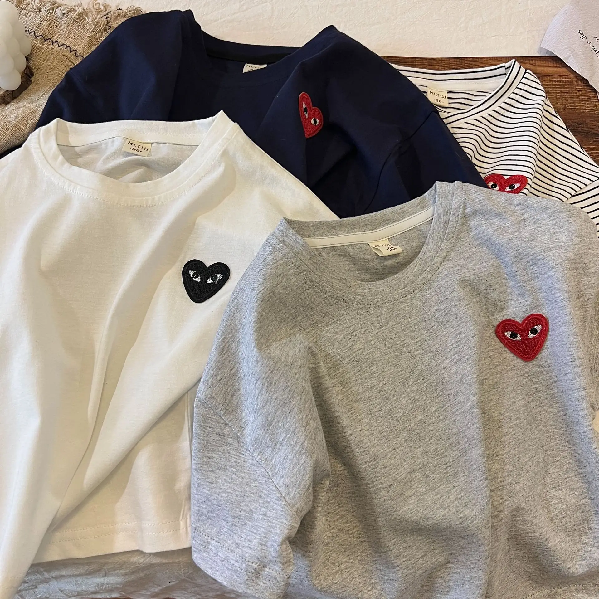 2024 Summer Striped Heart T-Shirt for Boys Girls Navy Blue — feature 5
