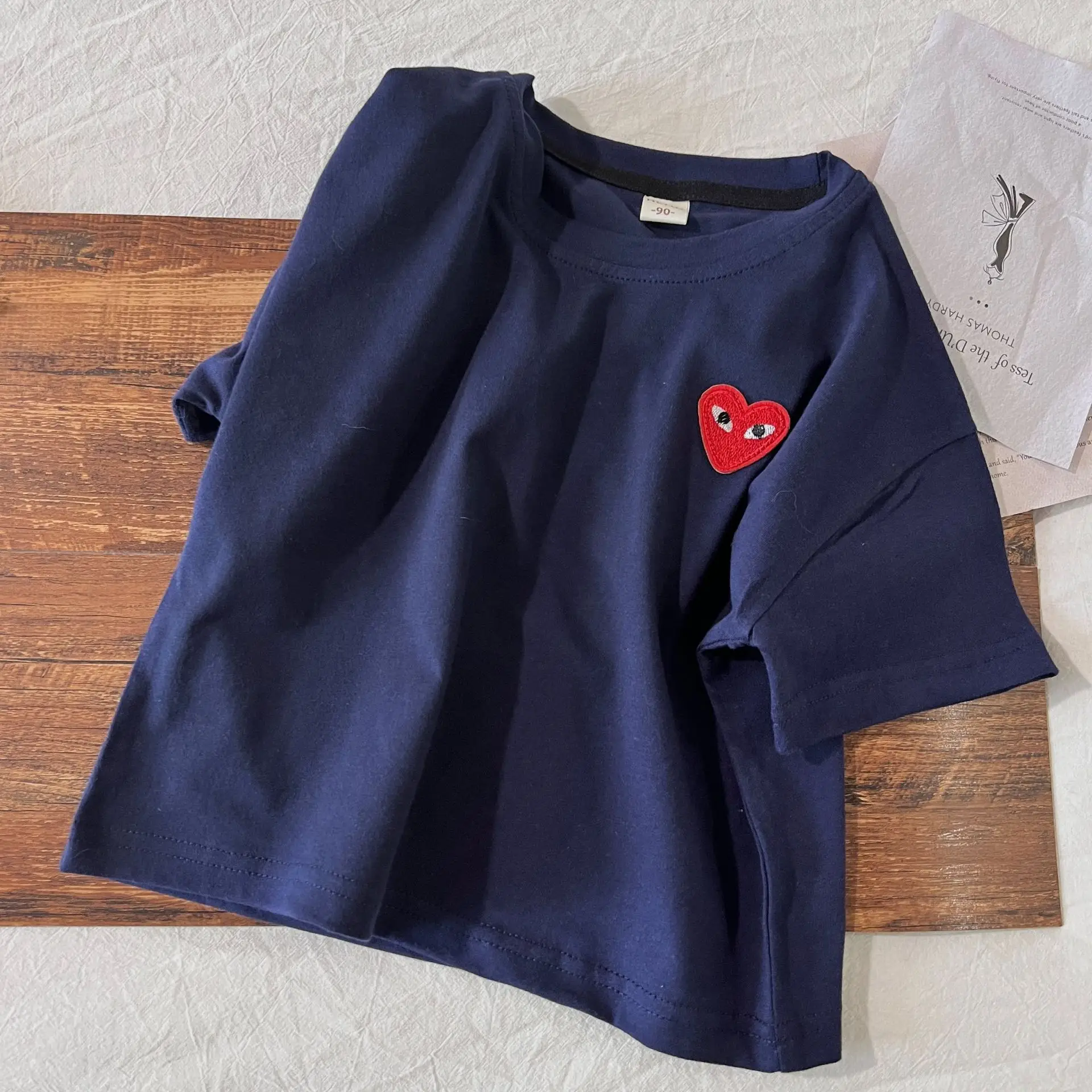2024 Summer Striped Heart T-Shirt for Boys Girls Navy Blue - Image 2