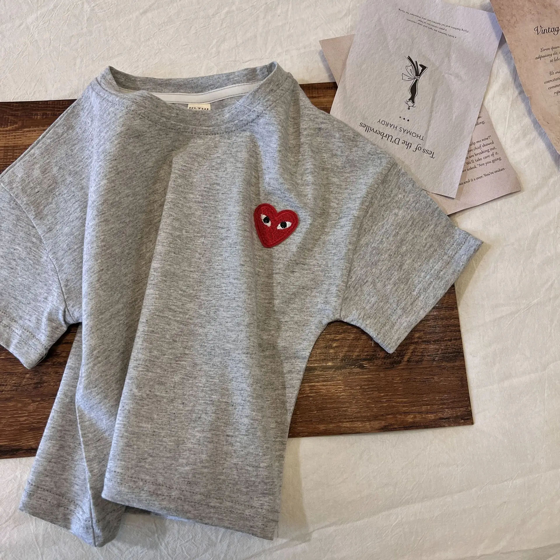 2024 Summer Striped Heart T-Shirt for Boys Girls Navy Blue - Image 3