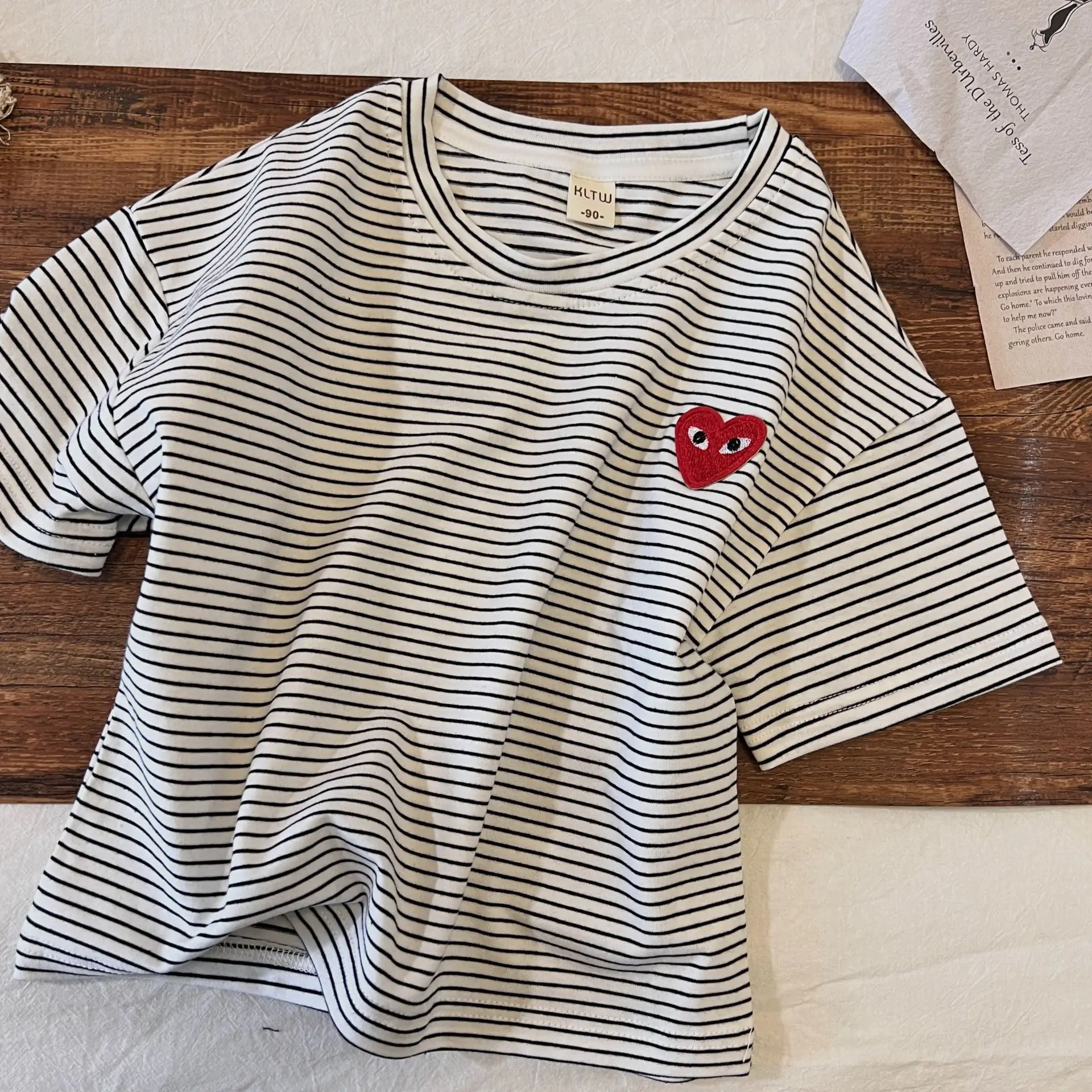 2024 Summer Striped Heart T-Shirt for Boys Girls Navy Blue - Image 4