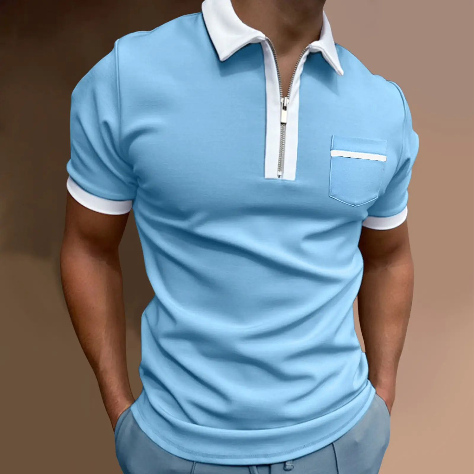 Men 3D Printed Polo T-Shirt Light Grey Zipper Pocket - Image 6