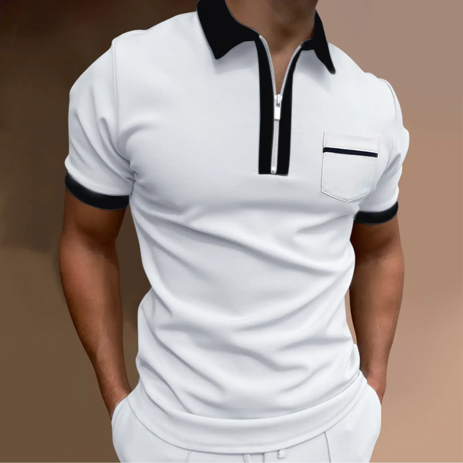 Men 3D Printed Polo T-Shirt Light Grey Zipper Pocket - Image 7