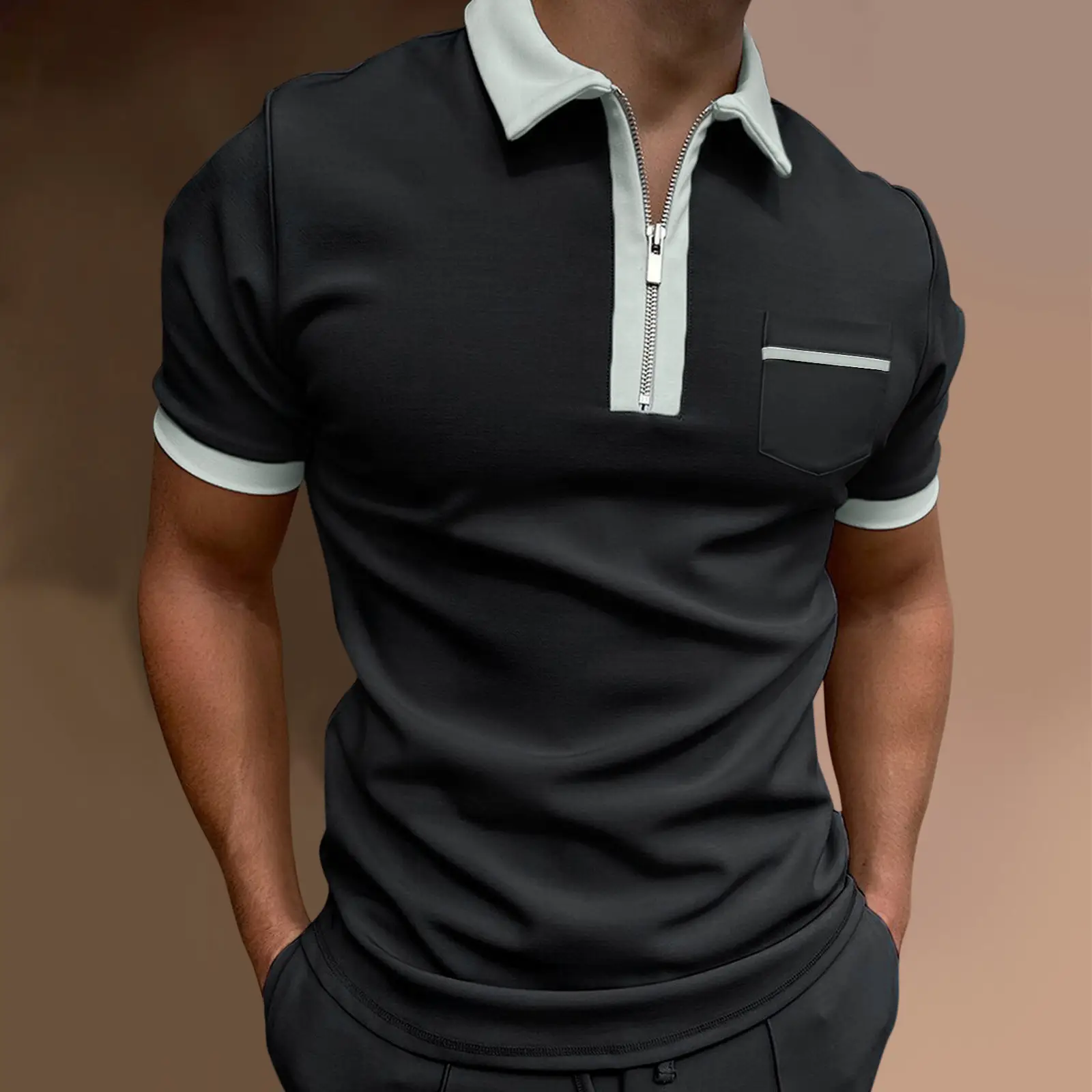 Men 3D Printed Polo T-Shirt Light Grey Zipper Pocket - Image 8