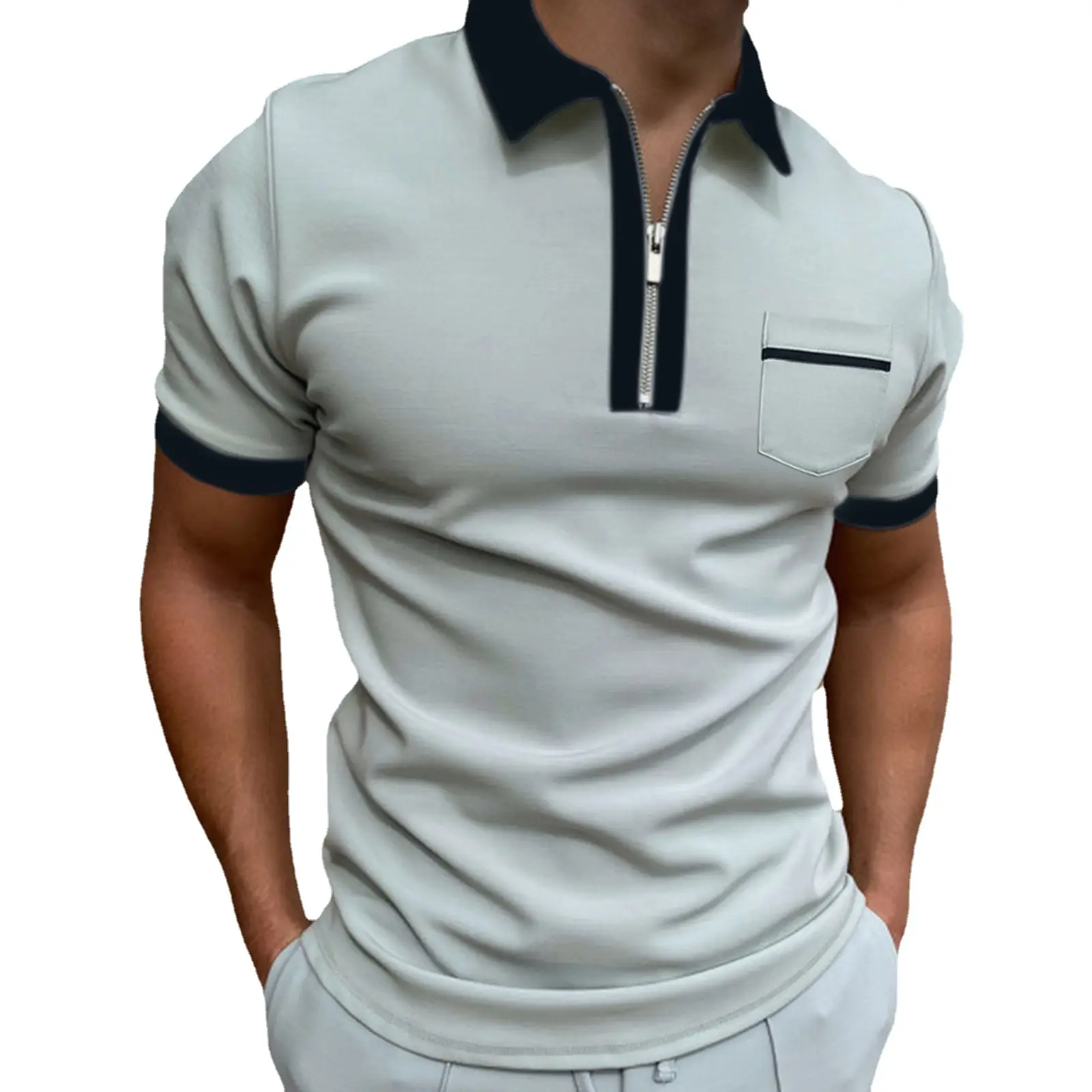 Men 3D Printed Polo T-Shirt Light Grey Zipper Pocket - Image 10