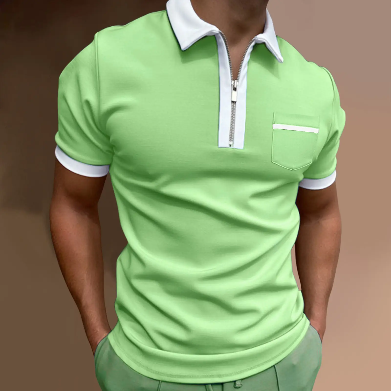 Men 3D Printed Polo T-Shirt Light Grey Zipper Pocket - Image 2