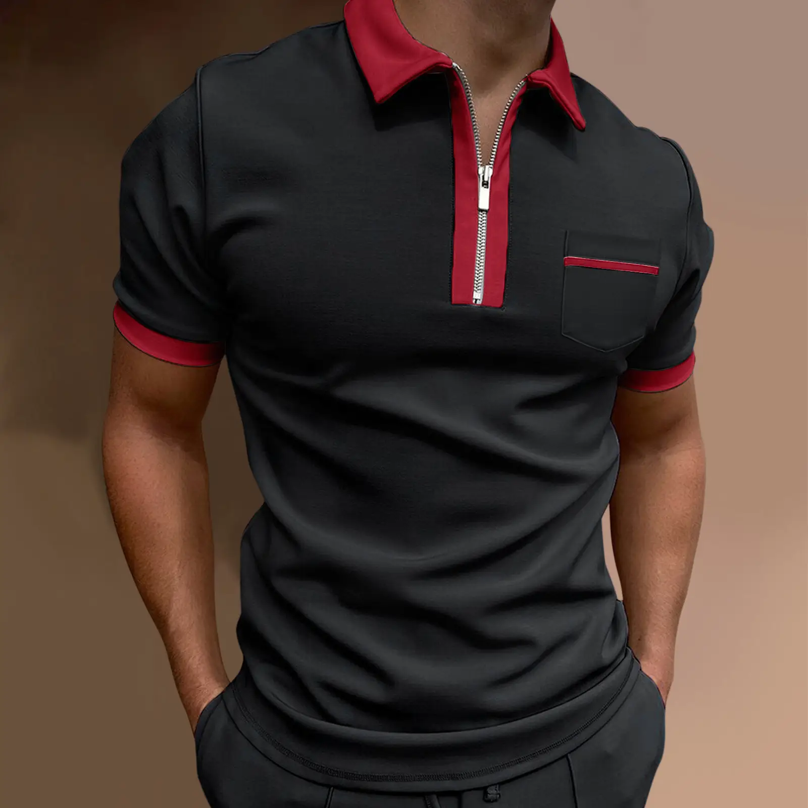 Men 3D Printed Polo T-Shirt Light Grey Zipper Pocket - Image 3