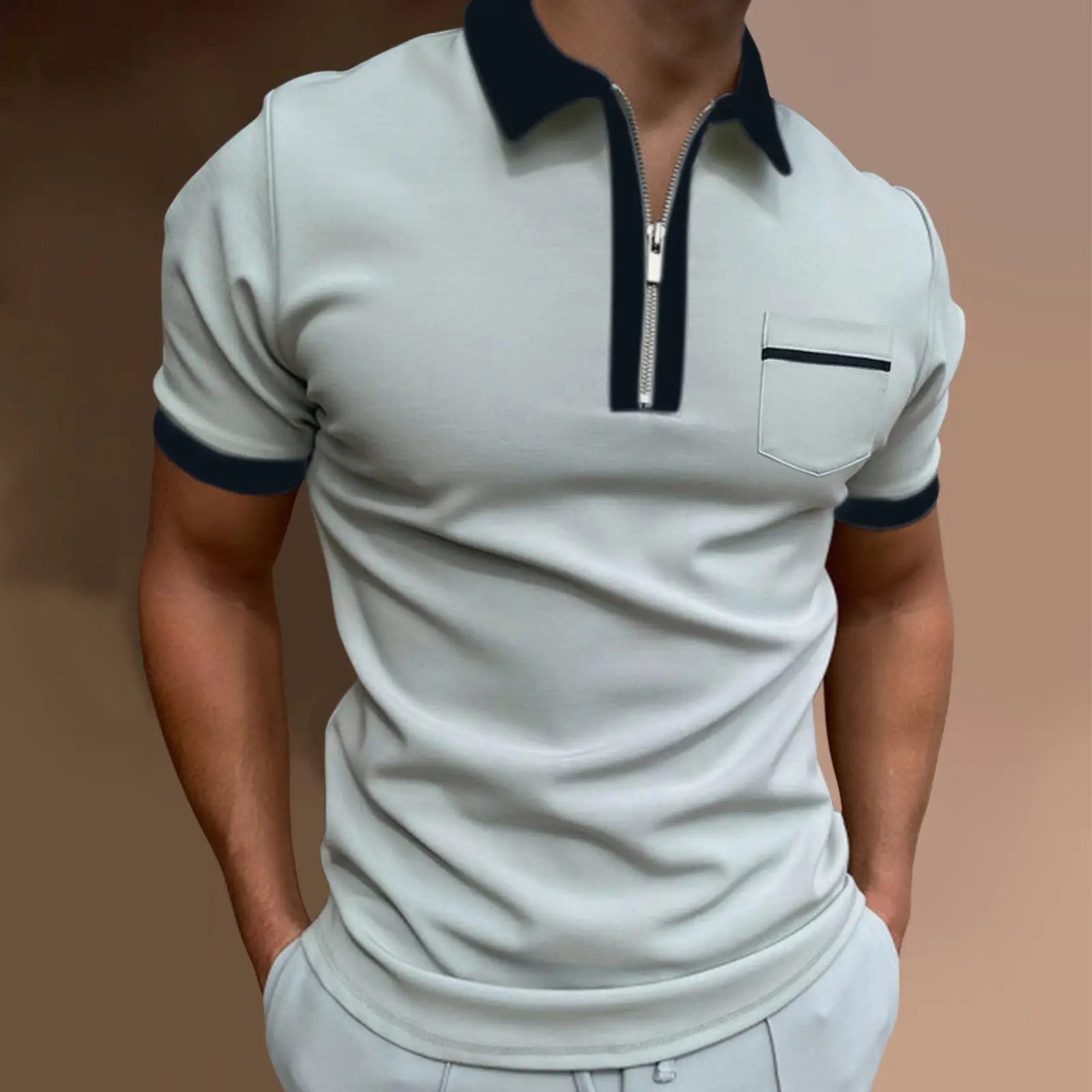 Men 3D Printed Polo T-Shirt Light Grey Zipper Pocket - Image 5