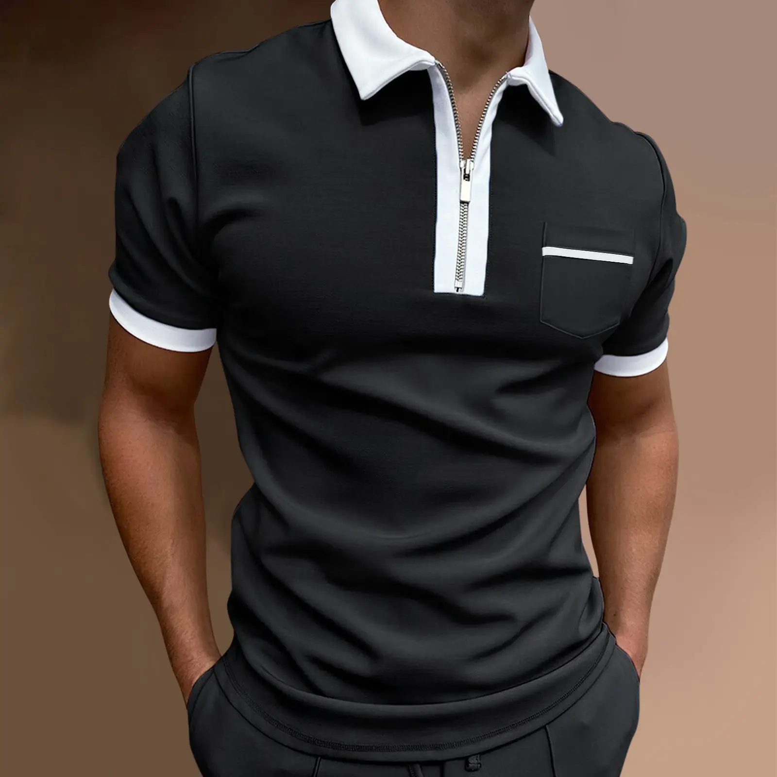 Men 3D Printed Polo T-Shirt Light Grey Zipper Pocket - Image 9