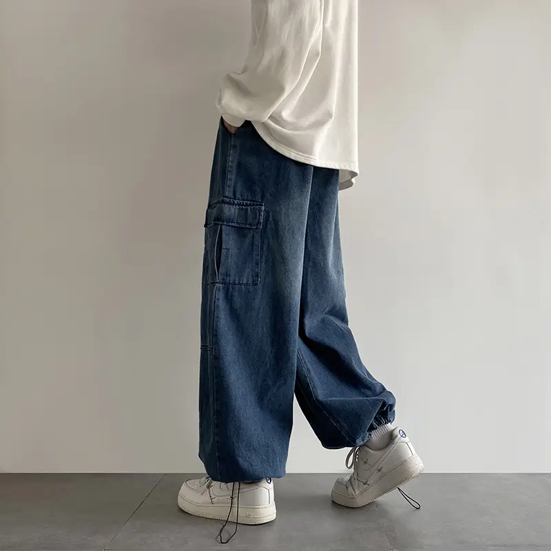 Men Blue Cargo Pants Wide Leg Spring Autumn Loose Fit - Image 4