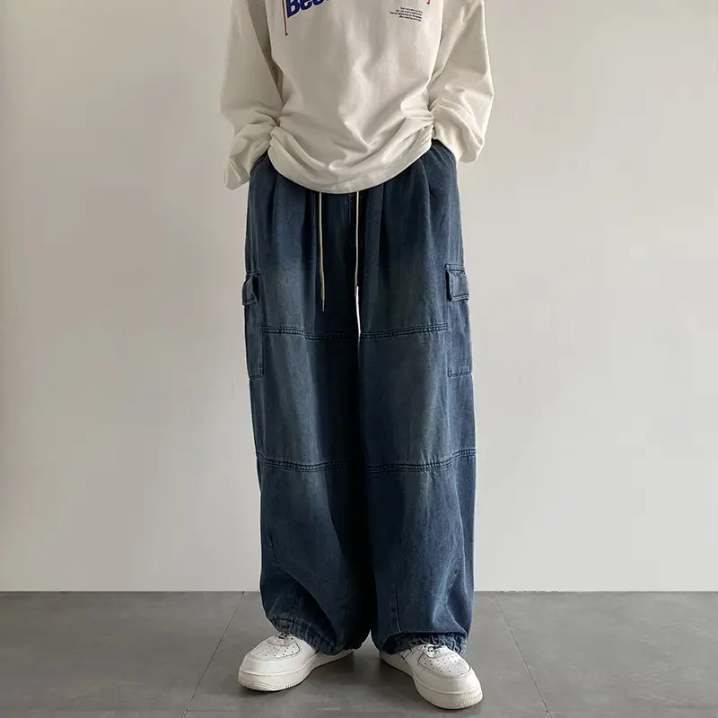 Men Blue Cargo Pants Wide Leg Spring Autumn Loose Fit - Image 5