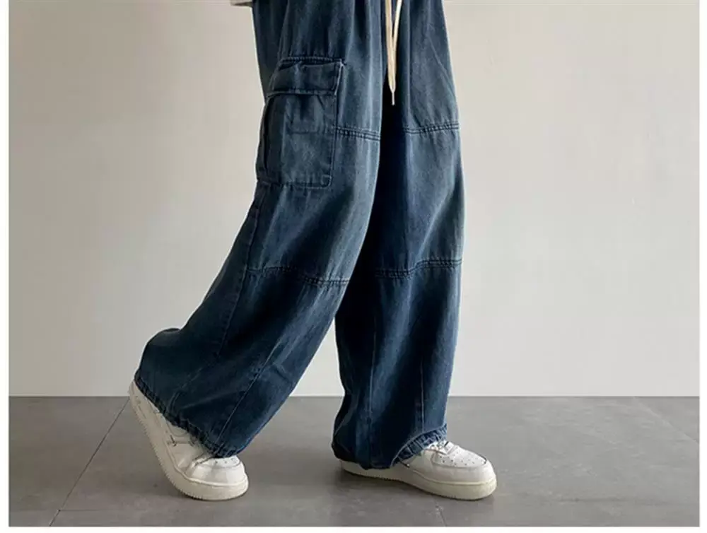 Men Blue Cargo Pants Wide Leg Spring Autumn Loose Fit — feature 14
