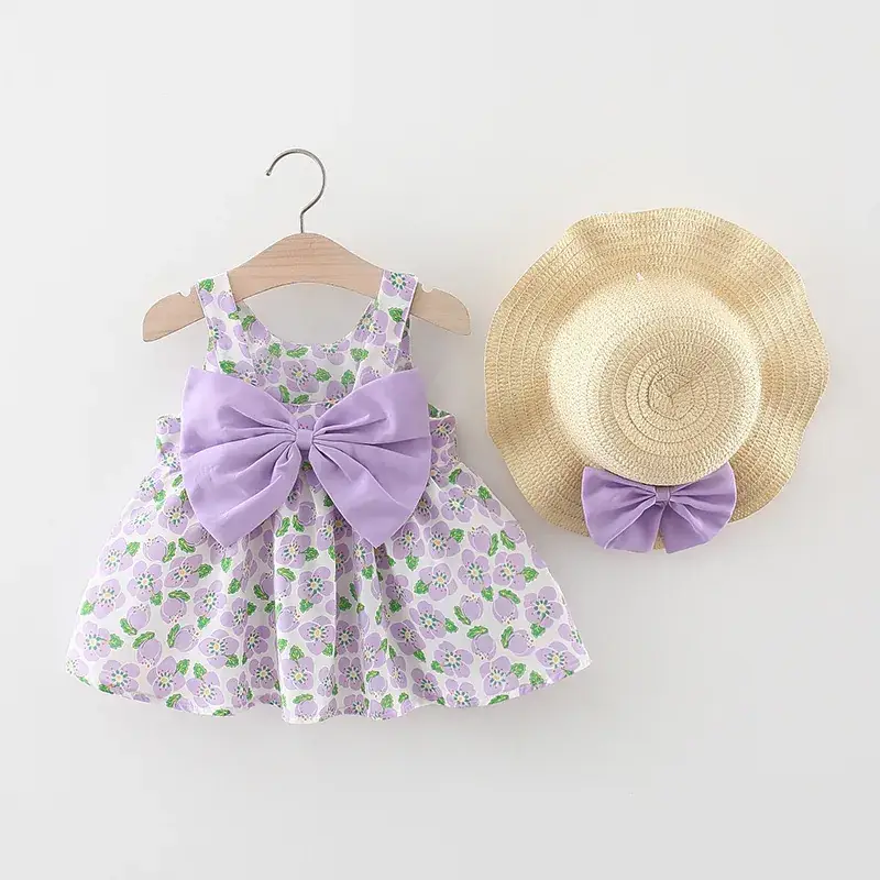 Girls Floral Bow Summer Dress with Straw Hat