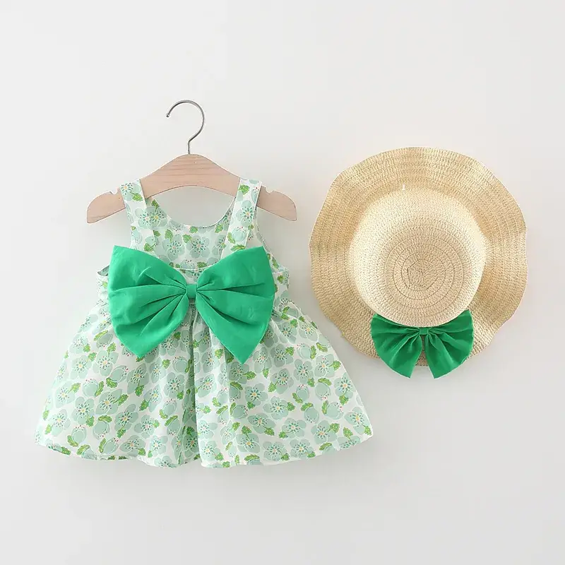 Girls Floral Bow Summer Dress with Straw Hat