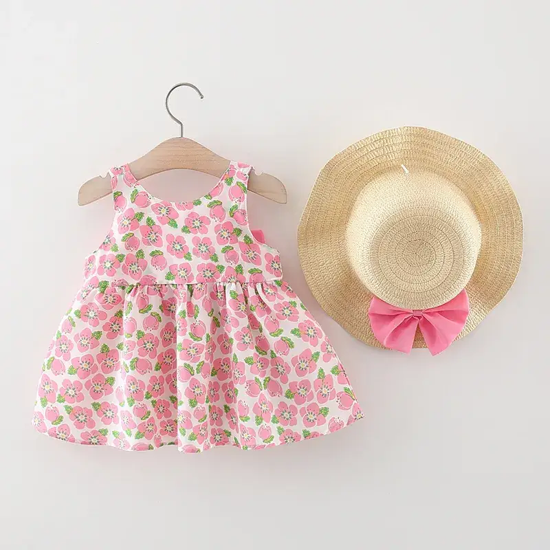 Girls Floral Bow Summer Dress with Straw Hat